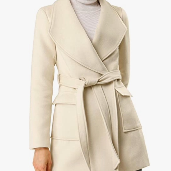 Allegra K Shawl Collar Cream Coat With Removable Belt - L - Picture 1 of 4